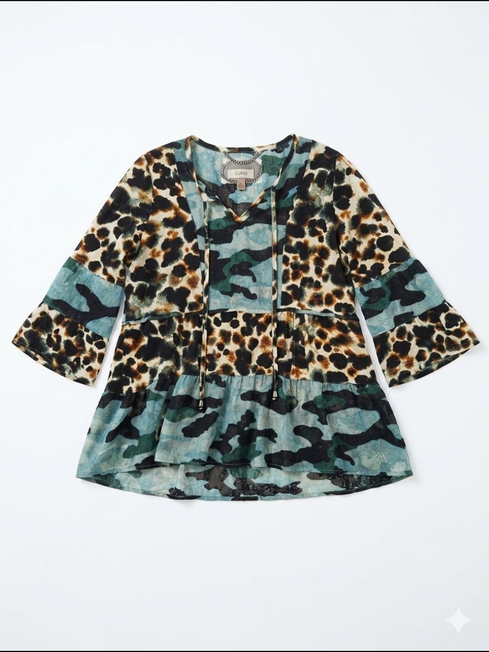 Cupio Teal Camo and Leopard Print Tiered Tunic Size Small